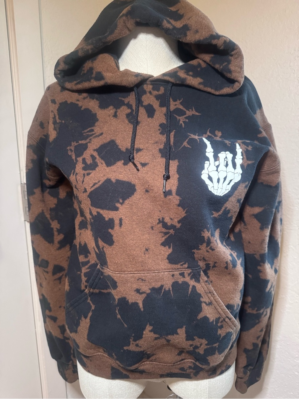 Bowery supply co. Brown & Black Tie-Dye Hoodie with Skeleton Hand Graphic